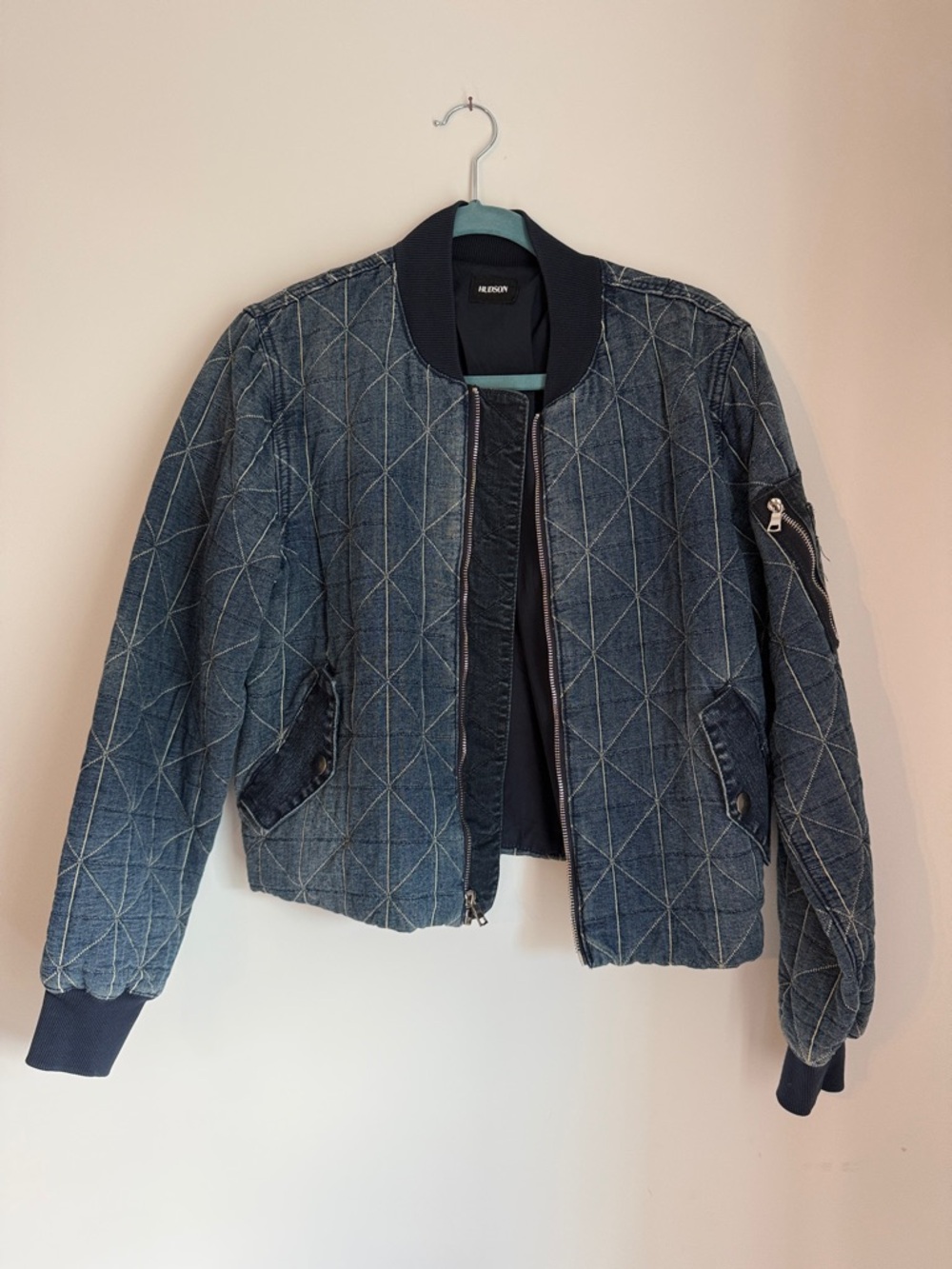 Re/Done Quilted Denim Bomber Jacket in Navy